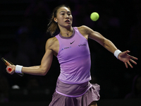 RIYADH, SAUDI ARABIA - NOVEMBER 09: Quinwen Zheng of China during the Final match against Coco Gauff of USA on Day 8 of the 2024 WTA Finals,...