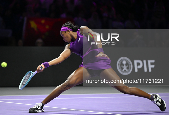 RIYADH, SAUDI ARABIA - NOVEMBER 09: Coco Gauff of USA during the Final match against Quinwen Zheng of China on Day 8 of the 2024 WTA Finals,...