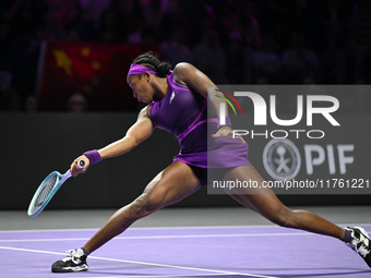 RIYADH, SAUDI ARABIA - NOVEMBER 09: Coco Gauff of USA during the Final match against Quinwen Zheng of China on Day 8 of the 2024 WTA Finals,...