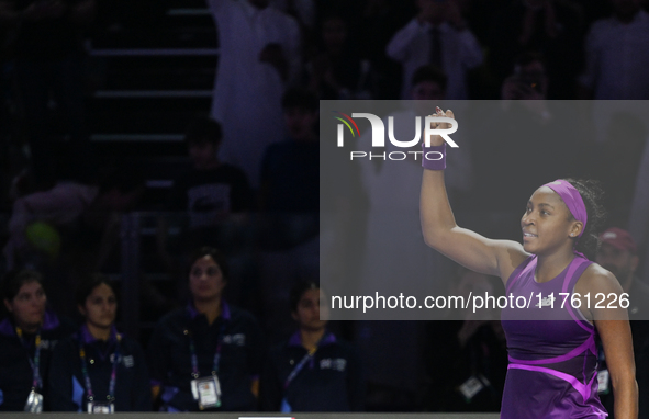 RIYADH, SAUDI ARABIA - NOVEMBER 09: Coco Gauff of USA celebrates as she wins the Final match against Quinwen Zheng of China on Day 8 of the...