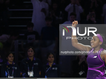 RIYADH, SAUDI ARABIA - NOVEMBER 09: Coco Gauff of USA celebrates as she wins the Final match against Quinwen Zheng of China on Day 8 of the...