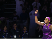 RIYADH, SAUDI ARABIA - NOVEMBER 09: Coco Gauff of USA celebrates as she wins the Final match against Quinwen Zheng of China on Day 8 of the...