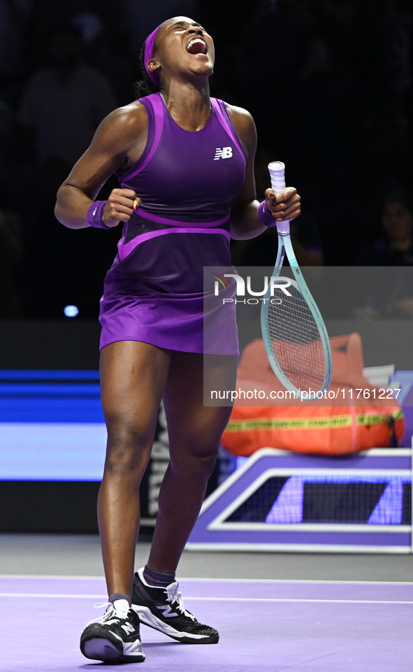 RIYADH, SAUDI ARABIA - NOVEMBER 09: Coco Gauff of USA celebrates as she wins the Final match against Quinwen Zheng of China on Day 8 of the...