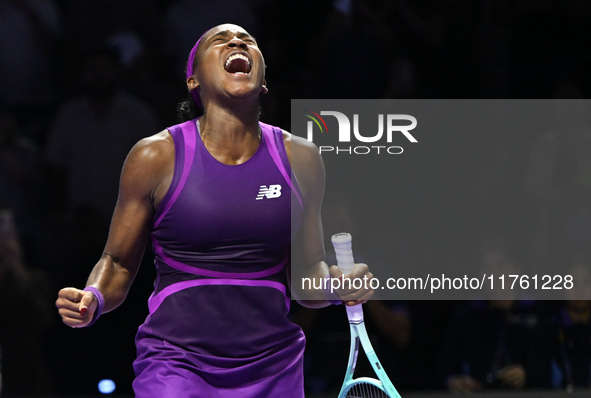 RIYADH, SAUDI ARABIA - NOVEMBER 09: Coco Gauff of USA celebrates as she wins the Final match against Quinwen Zheng of China on Day 8 of the...