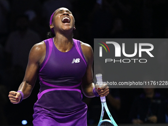 RIYADH, SAUDI ARABIA - NOVEMBER 09: Coco Gauff of USA celebrates as she wins the Final match against Quinwen Zheng of China on Day 8 of the...