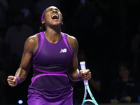 RIYADH, SAUDI ARABIA - NOVEMBER 09: Coco Gauff of USA celebrates as she wins the Final match against Quinwen Zheng of China on Day 8 of the...