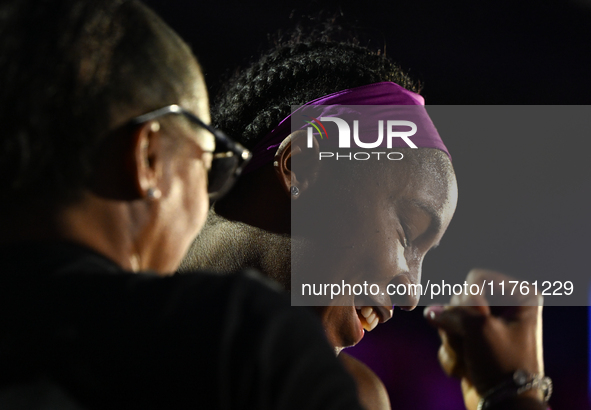 RIYADH, SAUDI ARABIA - NOVEMBER 09: Coco Gauff of USA celebrates as she wins the Final match against Quinwen Zheng of China on Day 8 of the...