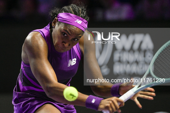 RIYADH, SAUDI ARABIA - NOVEMBER 09: Coco Gauff of USA during the Final match against Quinwen Zheng of China on Day 8 of the 2024 WTA Finals,...