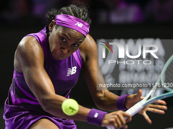 RIYADH, SAUDI ARABIA - NOVEMBER 09: Coco Gauff of USA during the Final match against Quinwen Zheng of China on Day 8 of the 2024 WTA Finals,...