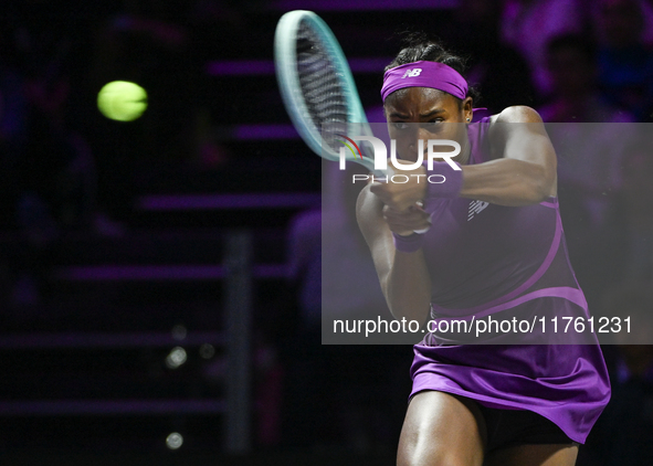 RIYADH, SAUDI ARABIA - NOVEMBER 09: Coco Gauff of USA during the Final match against Quinwen Zheng of China on Day 8 of the 2024 WTA Finals,...