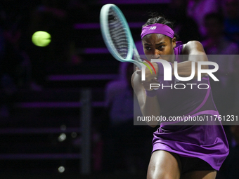 RIYADH, SAUDI ARABIA - NOVEMBER 09: Coco Gauff of USA during the Final match against Quinwen Zheng of China on Day 8 of the 2024 WTA Finals,...