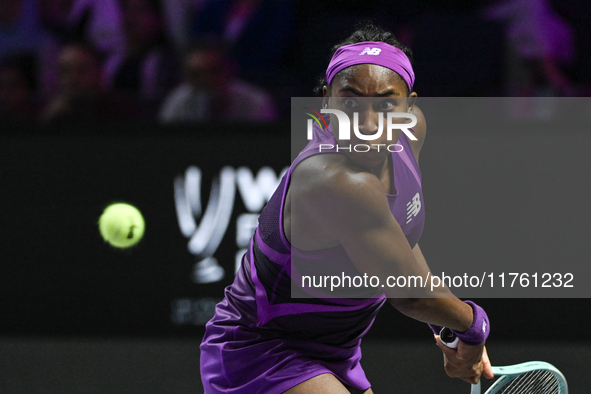 RIYADH, SAUDI ARABIA - NOVEMBER 09: Coco Gauff of USA during the Final match against Quinwen Zheng of China on Day 8 of the 2024 WTA Finals,...