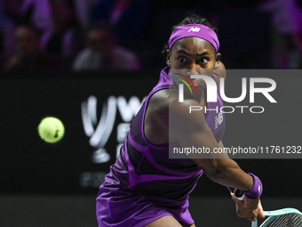 RIYADH, SAUDI ARABIA - NOVEMBER 09: Coco Gauff of USA during the Final match against Quinwen Zheng of China on Day 8 of the 2024 WTA Finals,...