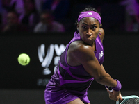 RIYADH, SAUDI ARABIA - NOVEMBER 09: Coco Gauff of USA during the Final match against Quinwen Zheng of China on Day 8 of the 2024 WTA Finals,...