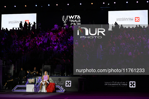 RIYADH, SAUDI ARABIA - NOVEMBER 09: Quinwen Zheng of China during the Final match against Coco Gauff of USA on Day 8 of the 2024 WTA Finals,...