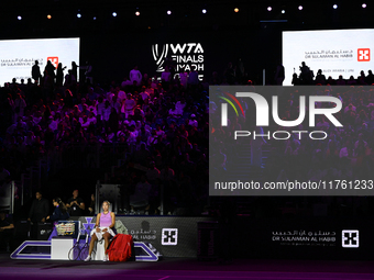 RIYADH, SAUDI ARABIA - NOVEMBER 09: Quinwen Zheng of China during the Final match against Coco Gauff of USA on Day 8 of the 2024 WTA Finals,...