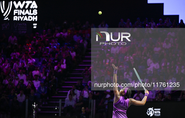 RIYADH, SAUDI ARABIA - NOVEMBER 09: Coco Gauff of USA during the Final match against Quinwen Zheng of China on Day 8 of the 2024 WTA Finals,...