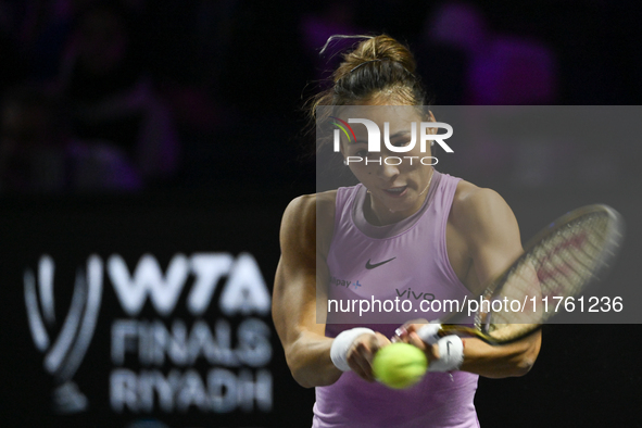 RIYADH, SAUDI ARABIA - NOVEMBER 09: Quinwen Zheng of China during the Final match against Coco Gauff of USA on Day 8 of the 2024 WTA Finals,...