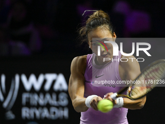 RIYADH, SAUDI ARABIA - NOVEMBER 09: Quinwen Zheng of China during the Final match against Coco Gauff of USA on Day 8 of the 2024 WTA Finals,...