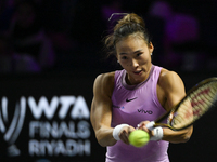 RIYADH, SAUDI ARABIA - NOVEMBER 09: Quinwen Zheng of China during the Final match against Coco Gauff of USA on Day 8 of the 2024 WTA Finals,...