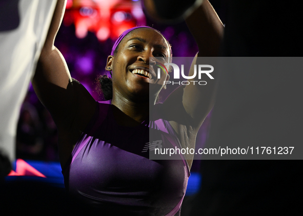 RIYADH, SAUDI ARABIA - NOVEMBER 09: Coco Gauff of USA celebrates as she wins the Final match against Quinwen Zheng of China on Day 8 of the...