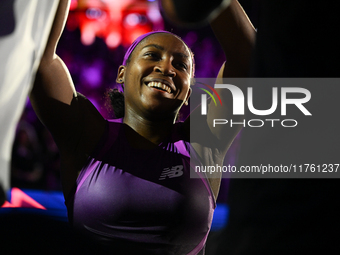 RIYADH, SAUDI ARABIA - NOVEMBER 09: Coco Gauff of USA celebrates as she wins the Final match against Quinwen Zheng of China on Day 8 of the...