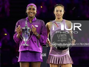 RIYADH, SAUDI ARABIA - NOVEMBER 09: Coco Gauff of the United States and Qinwen Zheng of China pose at the Awards Ceremony during the Singles...