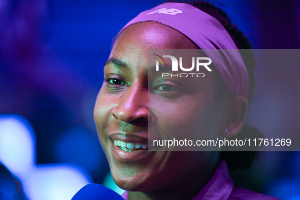 RIYADH, SAUDI ARABIA - NOVEMBER 09: Coco Gauff of the United States speaks to the media after defeating Qinwen Zheng of China during the Sin...