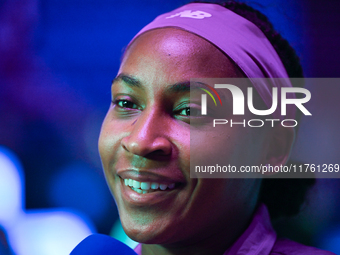 RIYADH, SAUDI ARABIA - NOVEMBER 09: Coco Gauff of the United States speaks to the media after defeating Qinwen Zheng of China during the Sin...