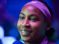 RIYADH, SAUDI ARABIA - NOVEMBER 09: Coco Gauff of the United States speaks to the media after defeating Qinwen Zheng of China during the Sin...