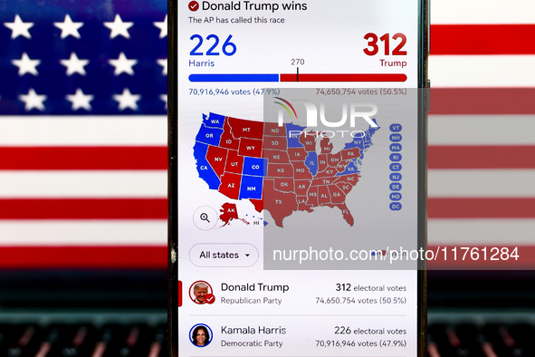 Google graphic with the final US presidential results is screened on a mobile phone for illustration photo on November 10th, 2024 in Berlin,...