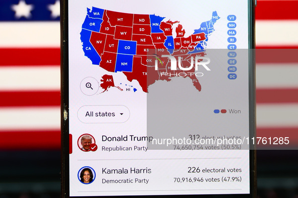 Google graphic with the final US presidential results is screened on a mobile phone for illustration photo on November 10th, 2024 in Berlin,...