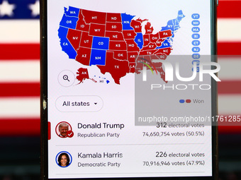 Google graphic with the final US presidential results is screened on a mobile phone for illustration photo on November 10th, 2024 in Berlin,...