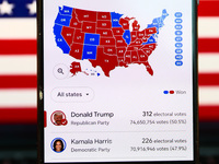 Google graphic with the final US presidential results is screened on a mobile phone for illustration photo on November 10th, 2024 in Berlin,...