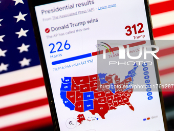 Google graphic with the final US presidential results is screened on a mobile phone for illustration photo on November 10th, 2024 in Berlin,...