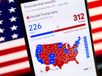 Google graphic with the final US presidential results is screened on a mobile phone for illustration photo on November 10th, 2024 in Berlin,...