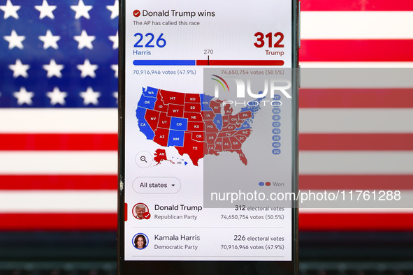 Google graphic with the final US presidential results is screened on a mobile phone for illustration photo on November 10th, 2024 in Berlin,...