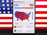 Google graphic with the final US presidential results is screened on a mobile phone for illustration photo on November 10th, 2024 in Berlin,...