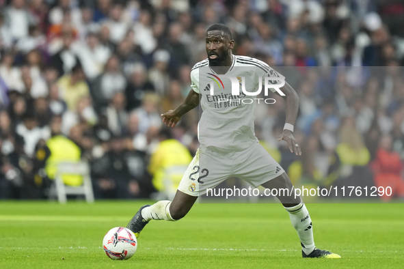 Antonio Rudiger centre-back of Real Madrid and Germany during the La Liga match between Real Madrid CF and CA Osasuna at Estadio Santiago Be...