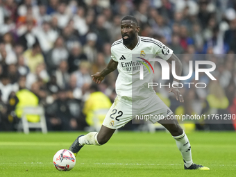 Antonio Rudiger centre-back of Real Madrid and Germany during the La Liga match between Real Madrid CF and CA Osasuna at Estadio Santiago Be...