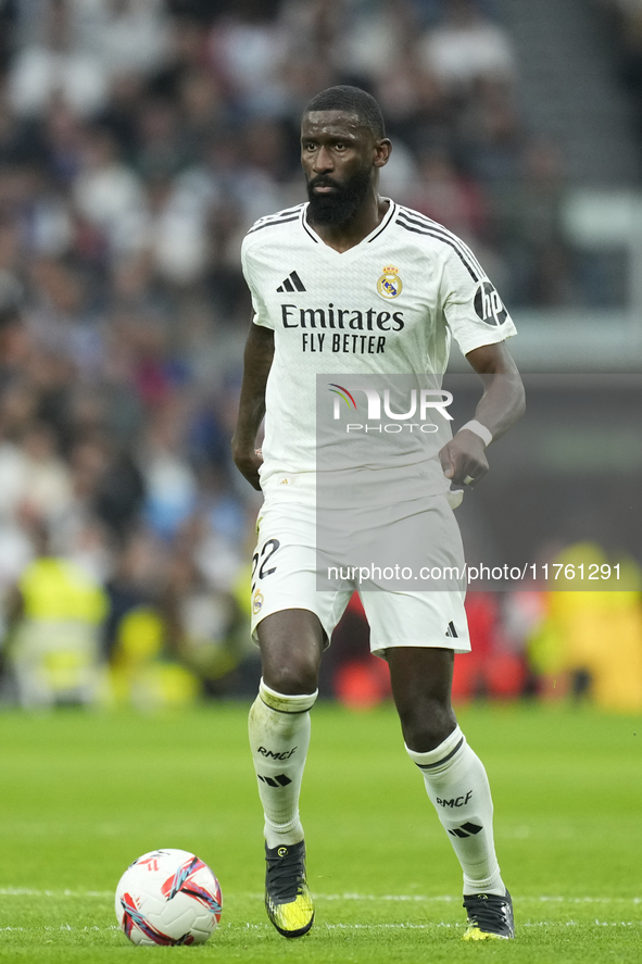 Antonio Rudiger centre-back of Real Madrid and Germany during the La Liga match between Real Madrid CF and CA Osasuna at Estadio Santiago Be...