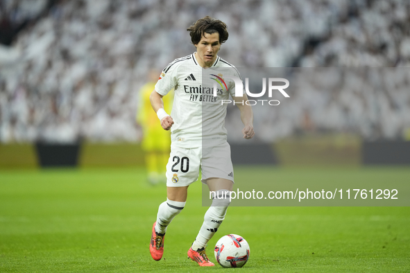 Fran Garcia left-back of Real Madrid and Spain during the La Liga match between Real Madrid CF and CA Osasuna at Estadio Santiago Bernabeu o...