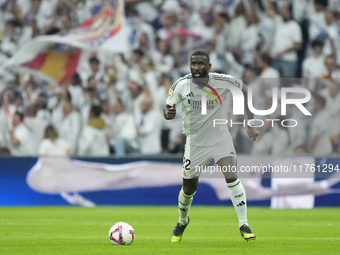 Antonio Rudiger centre-back of Real Madrid and Germany during the La Liga match between Real Madrid CF and CA Osasuna at Estadio Santiago Be...