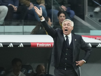 Carlo Ancelotti head coach of Real Madrid gives instructions during the La Liga match between Real Madrid CF and CA Osasuna at Estadio Santi...