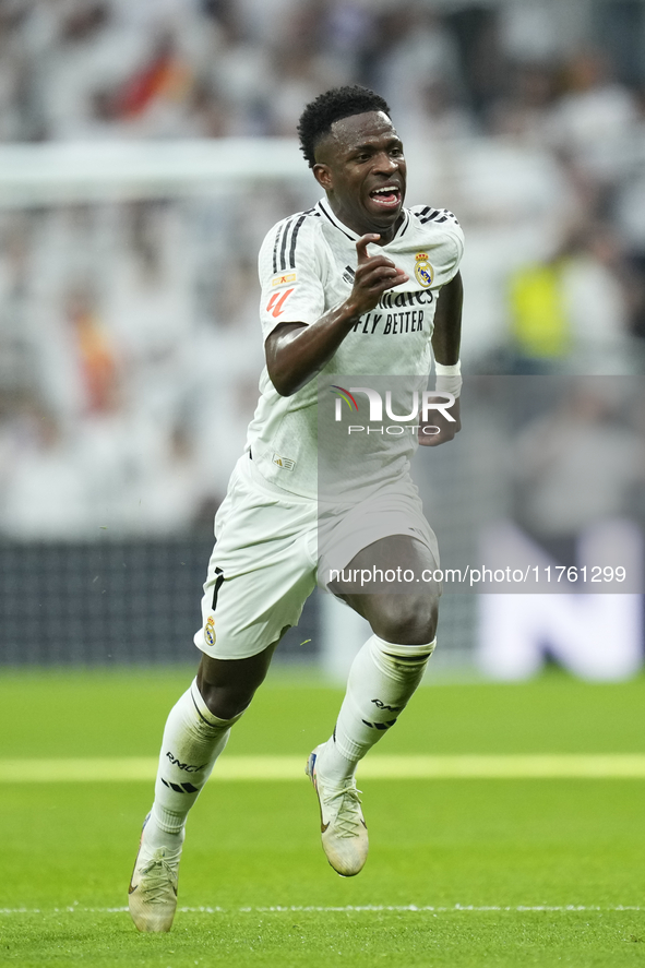 Vinicius Junior left winger of Real Madrid and Brazil during the La Liga match between Real Madrid CF and CA Osasuna at Estadio Santiago Ber...