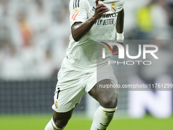 Vinicius Junior left winger of Real Madrid and Brazil during the La Liga match between Real Madrid CF and CA Osasuna at Estadio Santiago Ber...