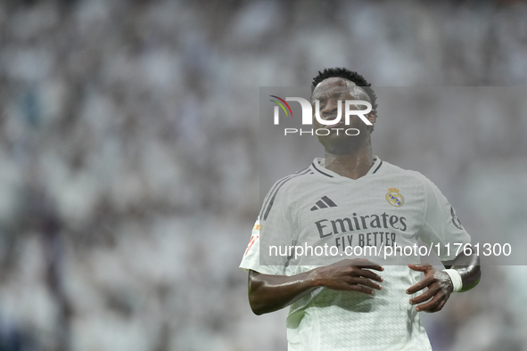 Vinicius Junior left winger of Real Madrid and Brazil during the La Liga match between Real Madrid CF and CA Osasuna at Estadio Santiago Ber...