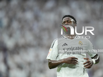 Vinicius Junior left winger of Real Madrid and Brazil during the La Liga match between Real Madrid CF and CA Osasuna at Estadio Santiago Ber...