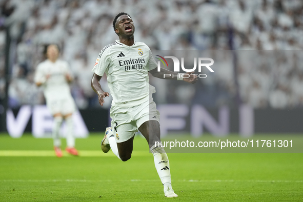 Vinicius Junior left winger of Real Madrid and Brazil during the La Liga match between Real Madrid CF and CA Osasuna at Estadio Santiago Ber...