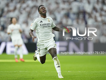 Vinicius Junior left winger of Real Madrid and Brazil during the La Liga match between Real Madrid CF and CA Osasuna at Estadio Santiago Ber...